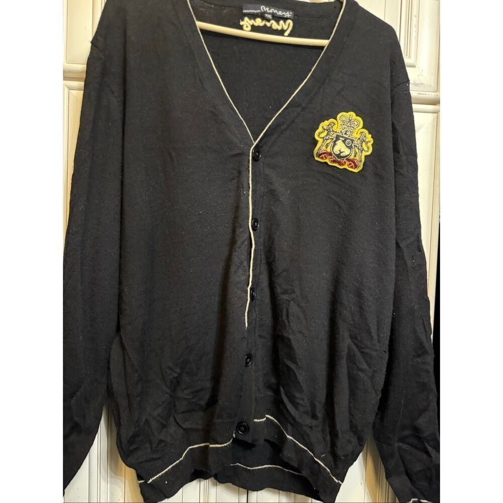 Money Men's Crest Logo V-Neck Button Front Cardigan Sweater Black Size XXL